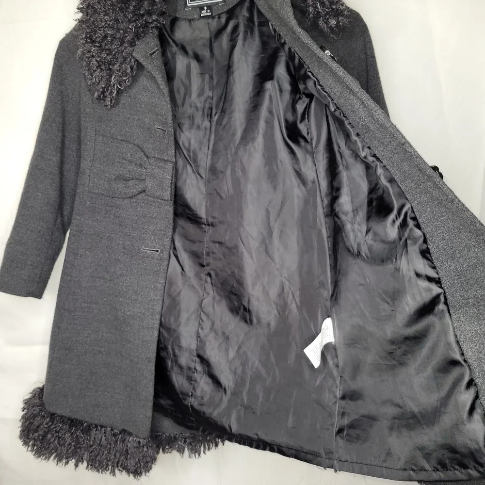 RARE....2013 Rothschild Grey Wool Blend Princess Coat w/ Faux‎ Mongolian Fur